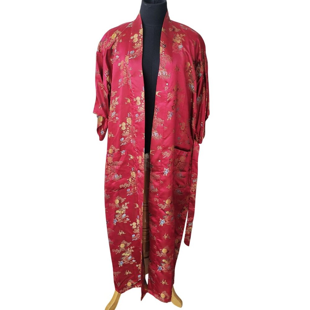 Vintage Red Embroidered Long Kimono Robe with Belt Made in China - Picture 9 of 13